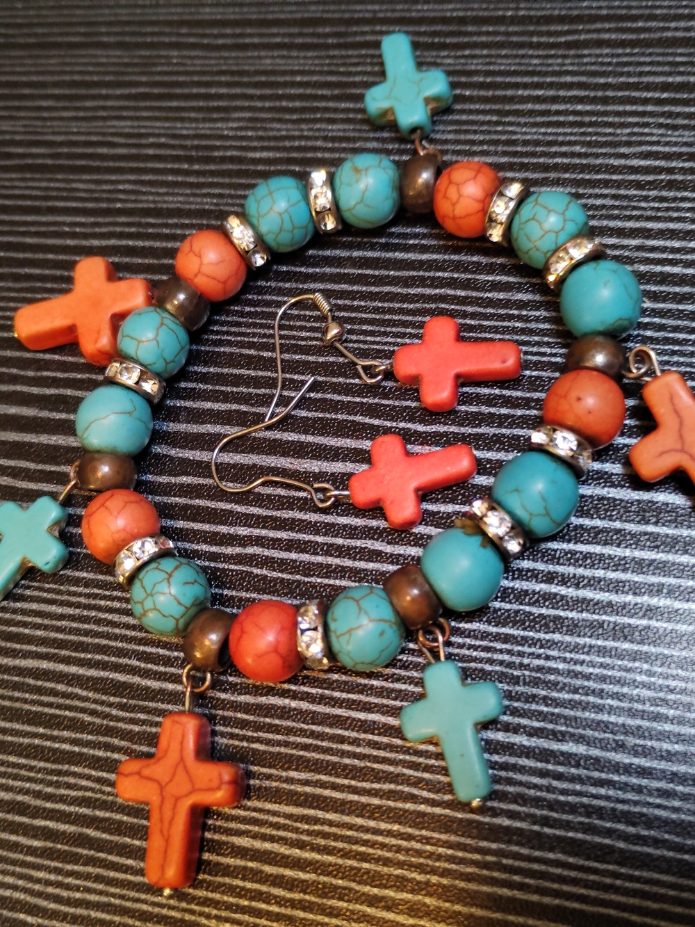 Turquoise & Coral Cross Bead Bracelet and Earrings Set - Women Jewelry